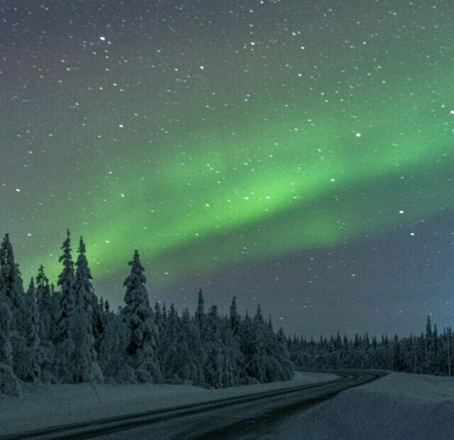 green aurora lights over the road