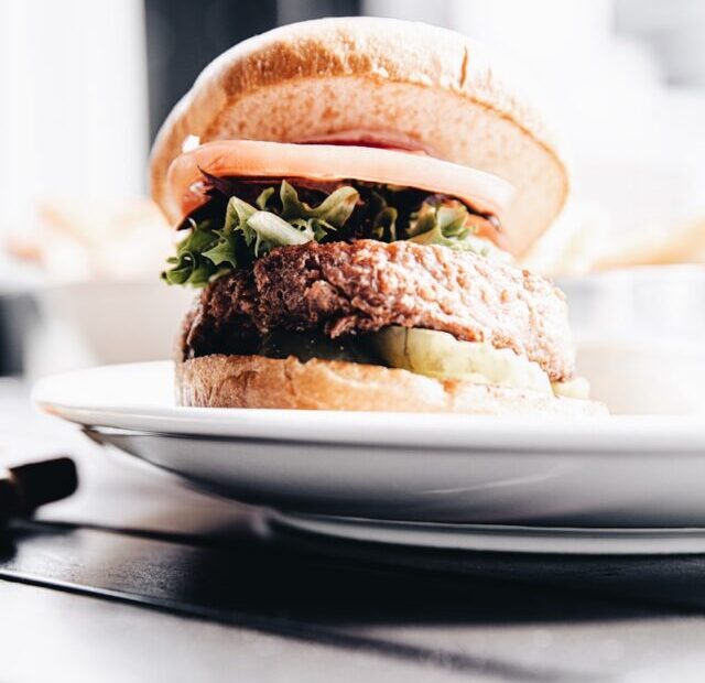 burger on white ceramic plate